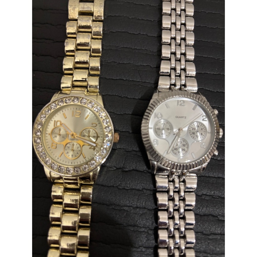 Womens Quartz Watch Set Gold Silver Tone Crystal Bezel Chronograph Style Lot